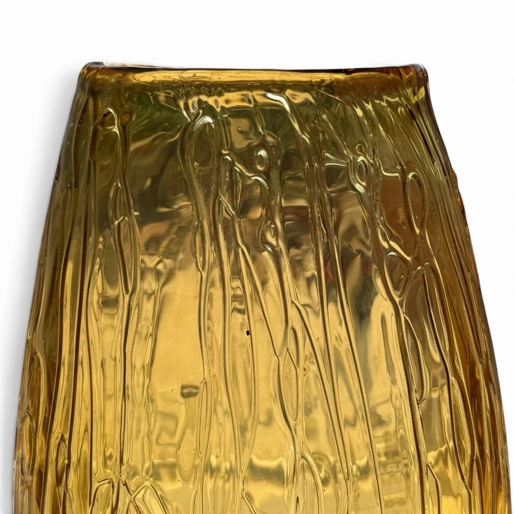 Vintage Empoli Amber Glass Vase Embossed Wax Drip Design Flat Oval Shape MCM 10